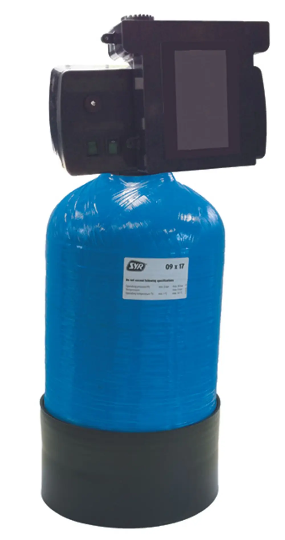 Blau beschichtete Flasche mit schwarzem Standfuß und Steuerkopf. An der Flasche befindet sich ein Etikett mit Produktinformationen der Marke Syr.